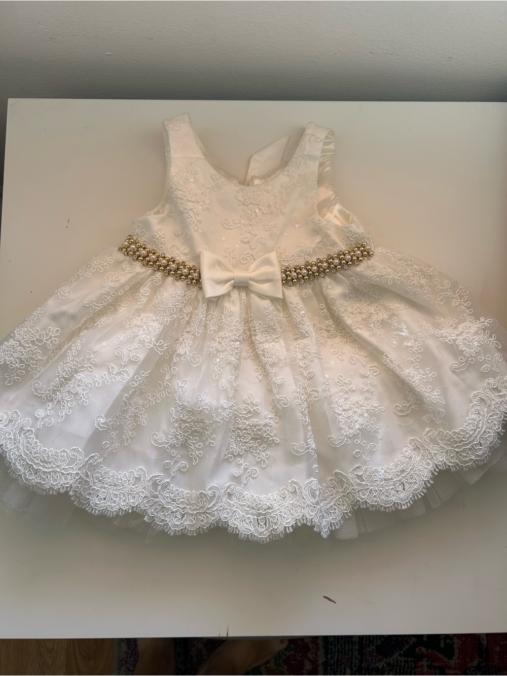 White Lace Baby Dress with Pearl Bow Belt